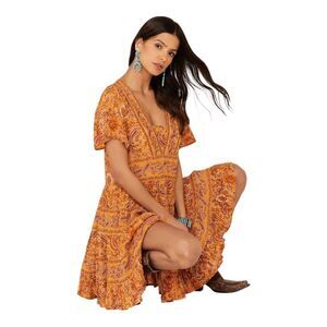 Patrons of Peace Toluca Border Paisley Dress Orange Sz Small Ruffle Short Sleeve
